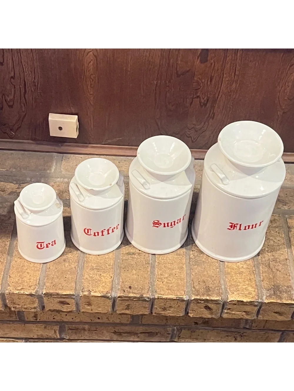 Vintage White Ceramic Kitchen Canister Set with Red Lettering - Tea, Coffee, 4-P